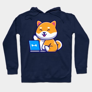 Cute Shiba Inu Dog With Laptop Cartoon Hoodie